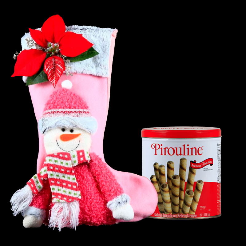 Pink Christmas stocking decorated with a Poinsettia and a snowman, accompanied by delicious gourmet cookies.