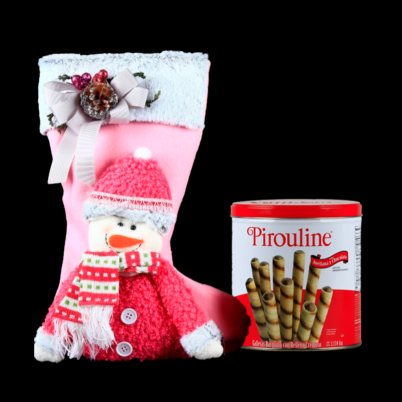 Lovely Pink Christmas stocking with a snowman and decorative bow accompanied by gourmet cookies.