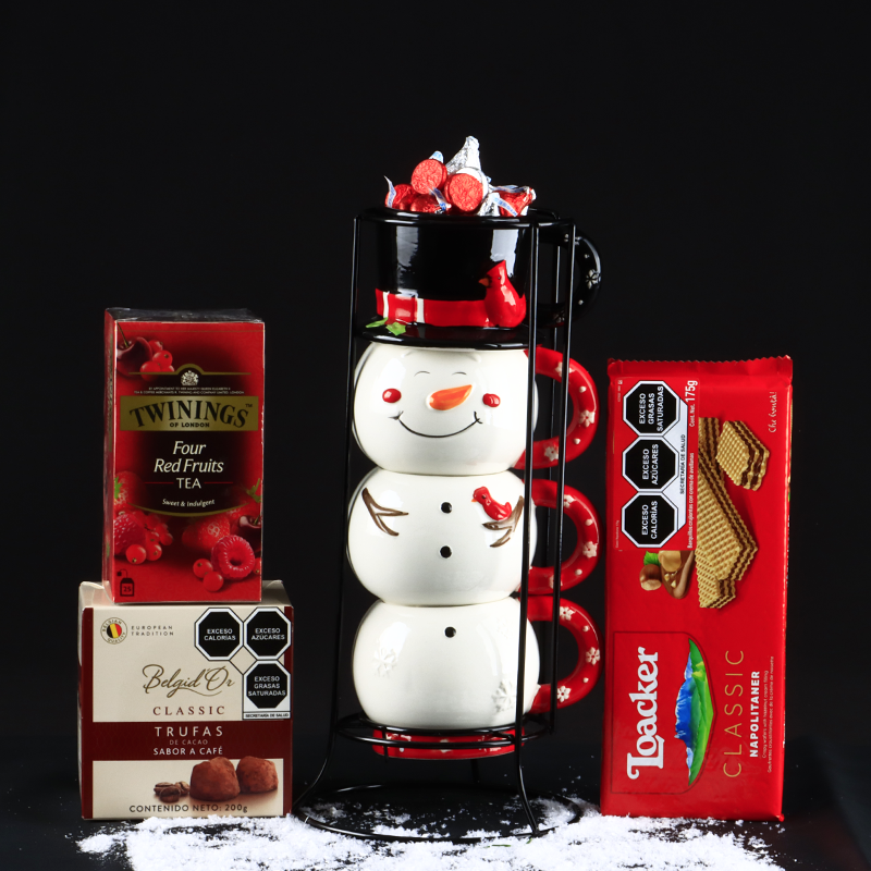 Christmas Mug Tower with Chocolates, Cookies and Tea