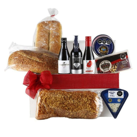 Deluxe Gourmet Gift with Cheese, Artisan Bread and Wine