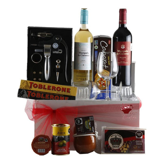 Duo of White and Red Wine Marqués de Cáceres with Accessories, Cheese, Crackers and More