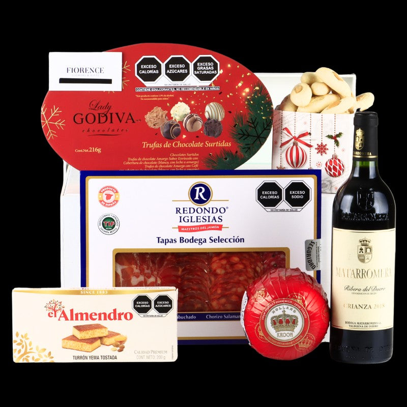 Deluxe Box with Spanish Red Wine, Charcuterie, Chocolates, Shortbreads and More