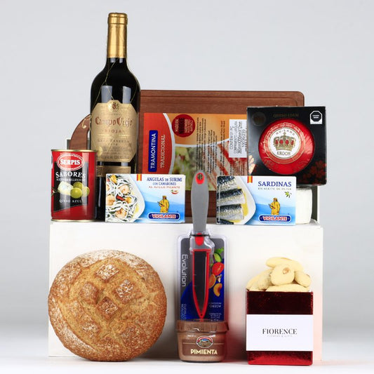 Gourmet Gift with Cheese, Bread and Red Wine