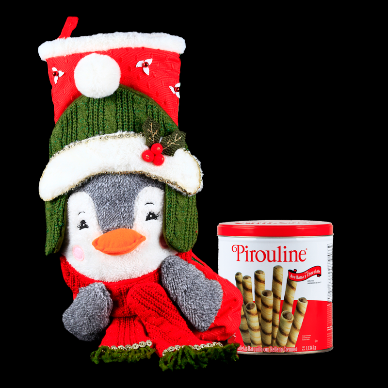 Festive Decorative Christmas Stocking with a Cute Penguin and Creamy Filling Cookies.