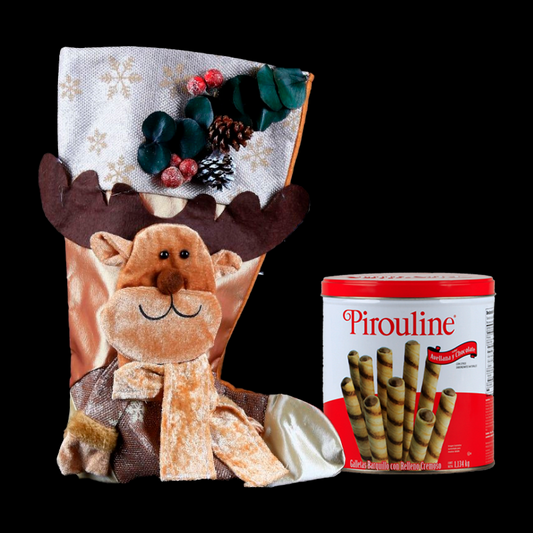 Christmas Stocking with Funny Reindeer and chocolate rolled wafer sticks.