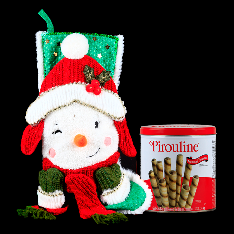 Charming Green Christmas Stocking with a cute snowman and delicious cream-filled cookies.