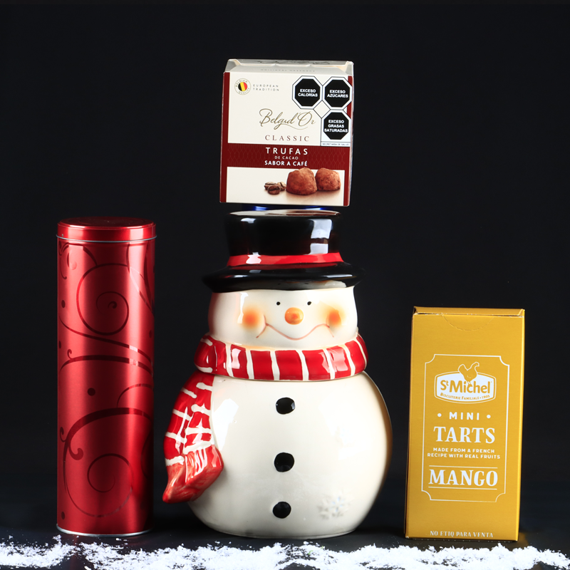 Snowman Ceramic Cookie Jar with Cookies and Truffles